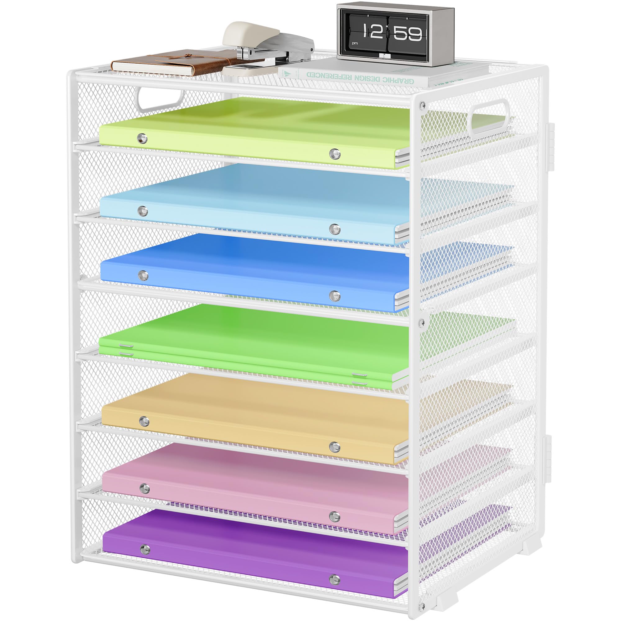 Biciyarn 8 Tier Paper Organizer with Handle, Metal Mesh Desk File Organizer, Large Capacity Desk Organizers Paper Letter Tray Desktop Document Sorter for Office, Home or School - White