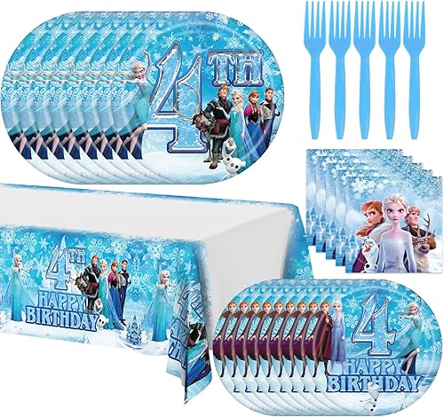 Suministros para fiesta de 4 fiesta de Frozen con temática de 4 cumpleaños, incluye servilleta, mantel, platos, tenedor (4)