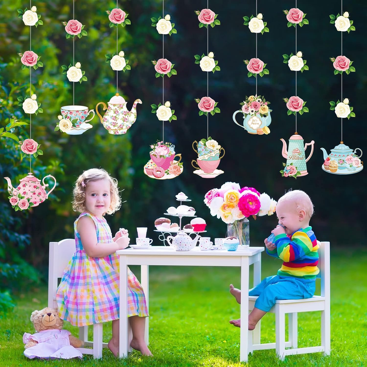 Faccito Floral Tea Party Decorations Double Sided Tea Party Hanging Garland Decor for Baby Shower Gender Reveal Bridal Wedding Favors Girls Women 32", 8 Pack - Image 5
