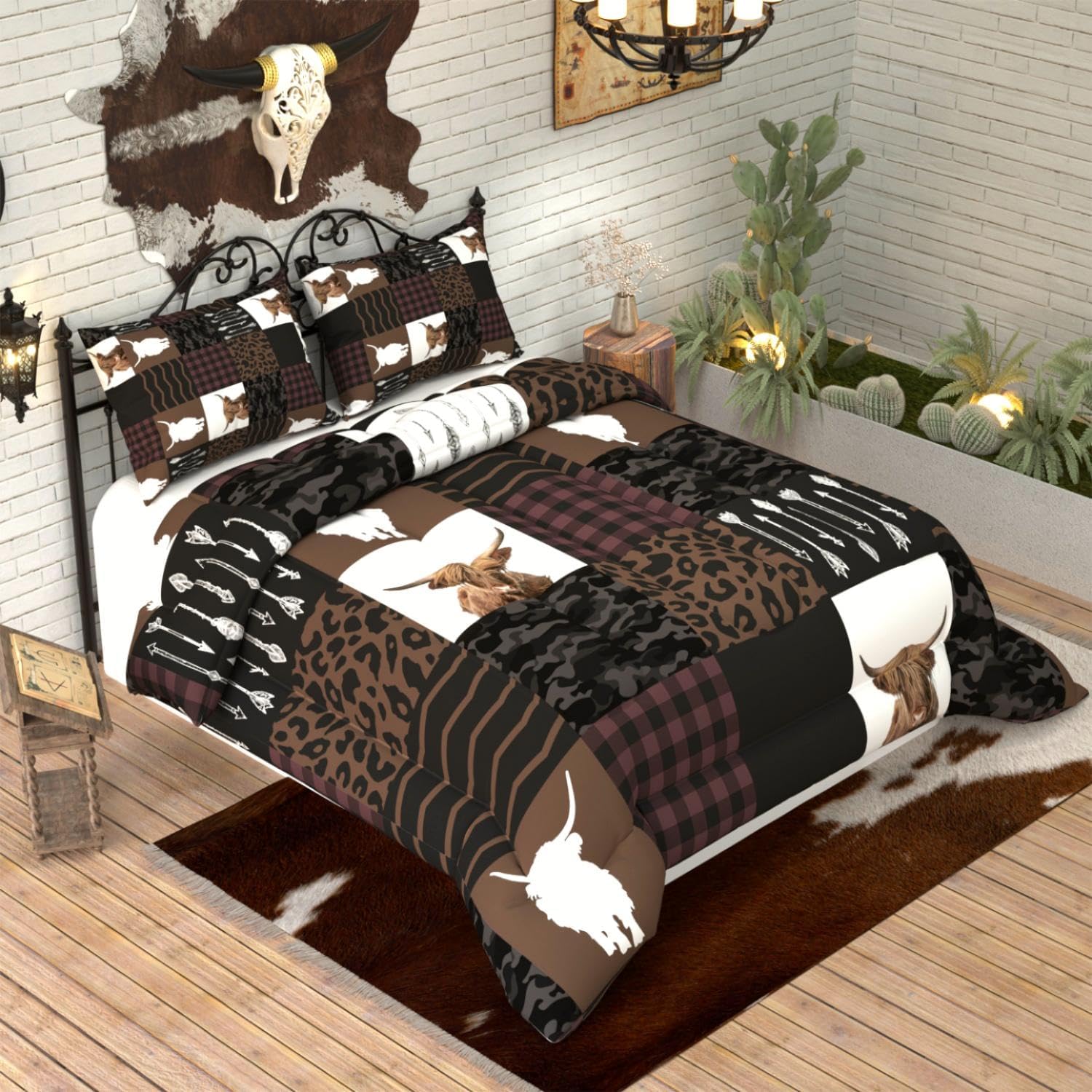 Highland Cow Comforter Sets for Kids Adults,3D Pattern with Dark Brown Colors,Decorative Bedding Comforter Sets with 2 Pillow Shams, Queen Size