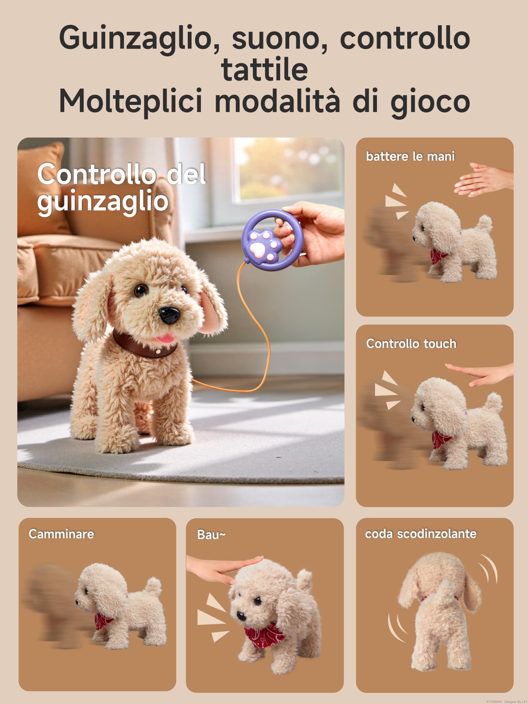 TUMAMA Peluche Cane Giocattolo che Cammina e Abbaia, Cagnolino che Abbaia e Cammina, Cagnolino Interattivo per Bambini con Guinzaglio, Elettronico Cane Robot Pets Alive per 3 4 5 6+ Anni Regali