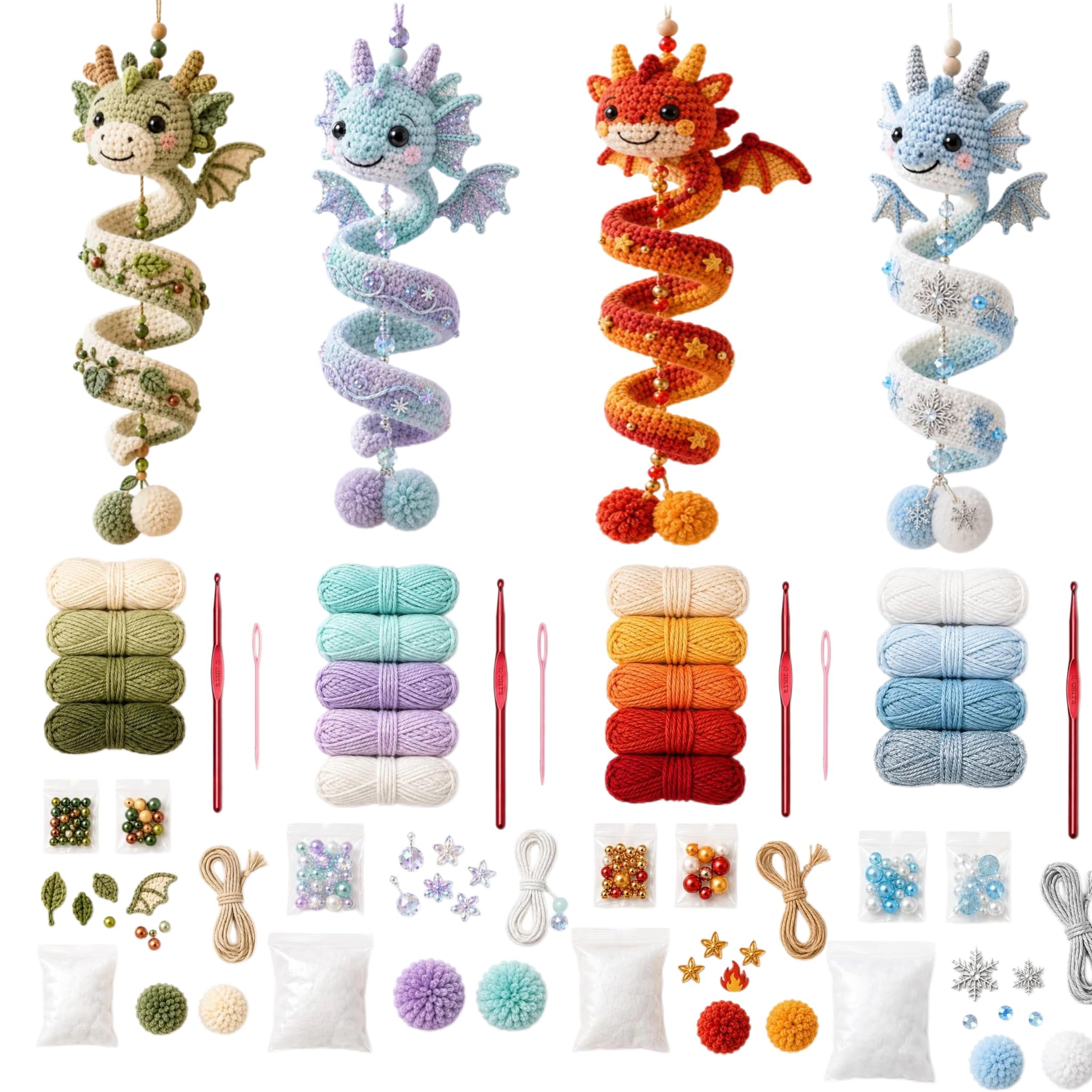 Pasisuu DIY Dragon Crochet Kit, Spiral Hanging Ornament Craft (4pc) — image 1