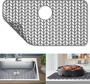 AWOKE Sink Protectors for Kitchen Sink, Kitchen Sink Protector Mat - 28.4"x15.2" Heat-Resistant Silicone Folding Non-Slip Mat for Stainless Steel Sink with Rear Drain (Grey)