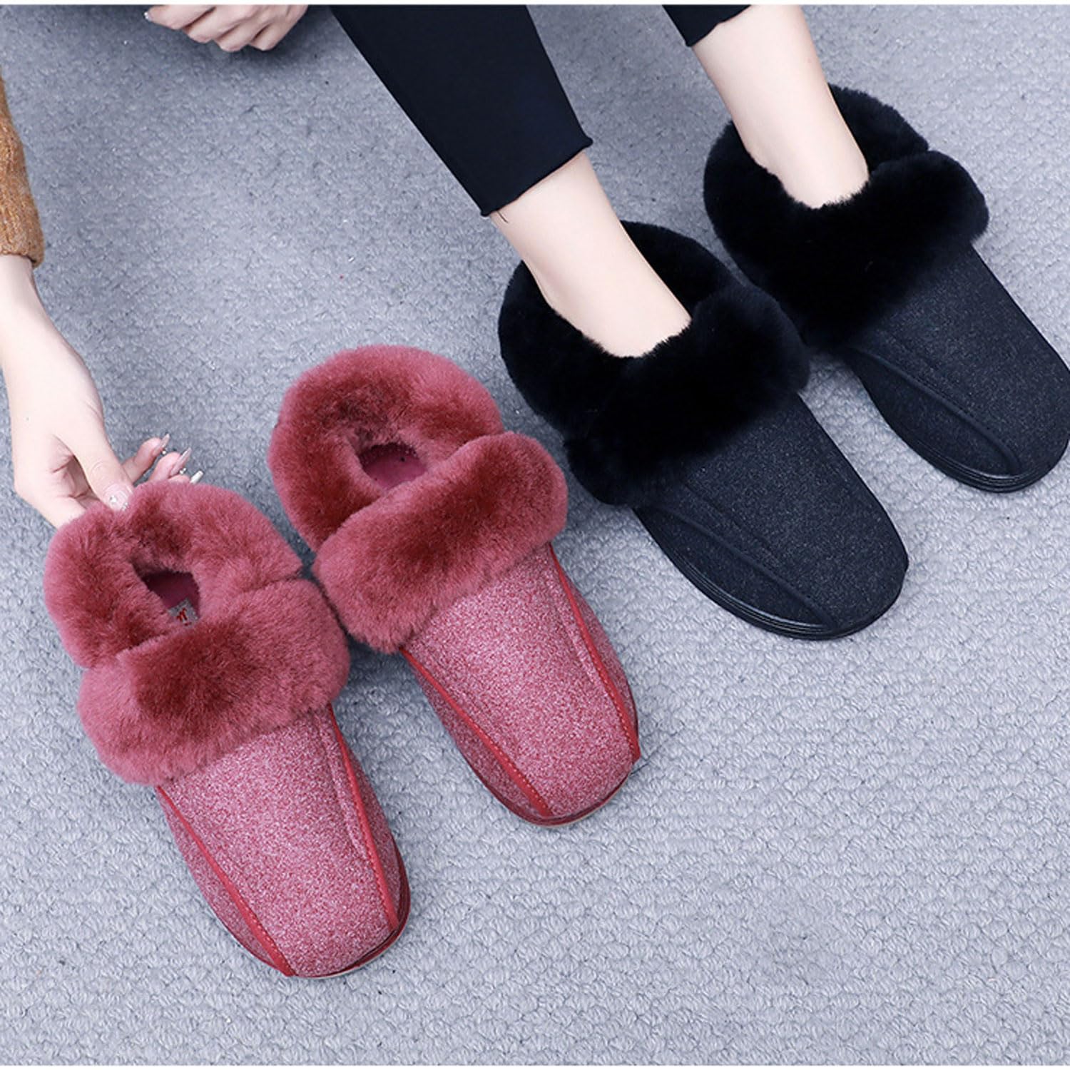 Generisch Diabetiker Schuhe Damen Extra Weit für Geschwollene Füße Winter Warme Plüsch Gefüttert Bequem Hausschuhe Breite Hausstiefel Hüttenschuhe Rutschfeste Sohle Geschlossene Ferse