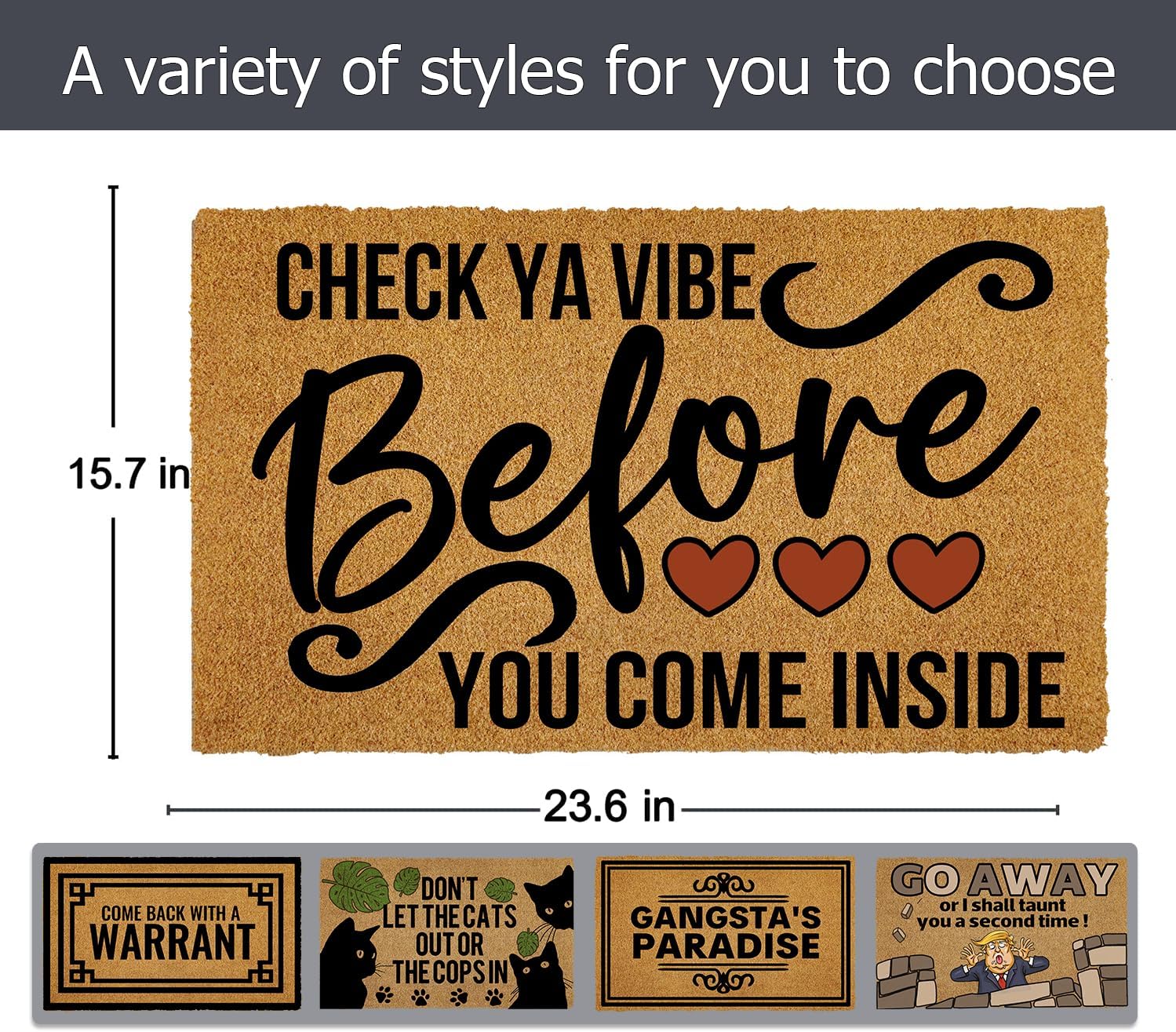Check Ya Vibe Before You Come Inside Faux Coir Felt Door Mats for Outdoor Entrance with Rubber Backing, 23.6" x 15.7" Size Rubber Washable Door Mats Inside Non Slip Funny
