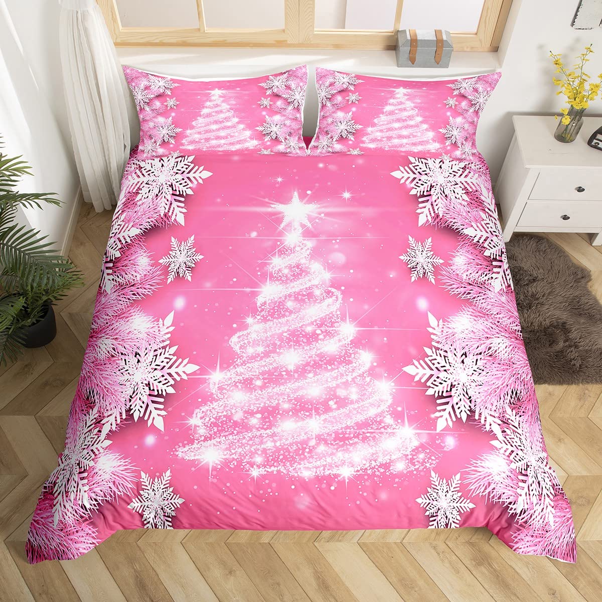 Christmas Tree Bedding Duvet Cover Set Girls Pink Xmas Snowflake Bedding Set Women Kids Glitter Merry Christmas Decor Comforter Cover Set Microfiber Bedspread Cover Bedroom Bedclothes King Size