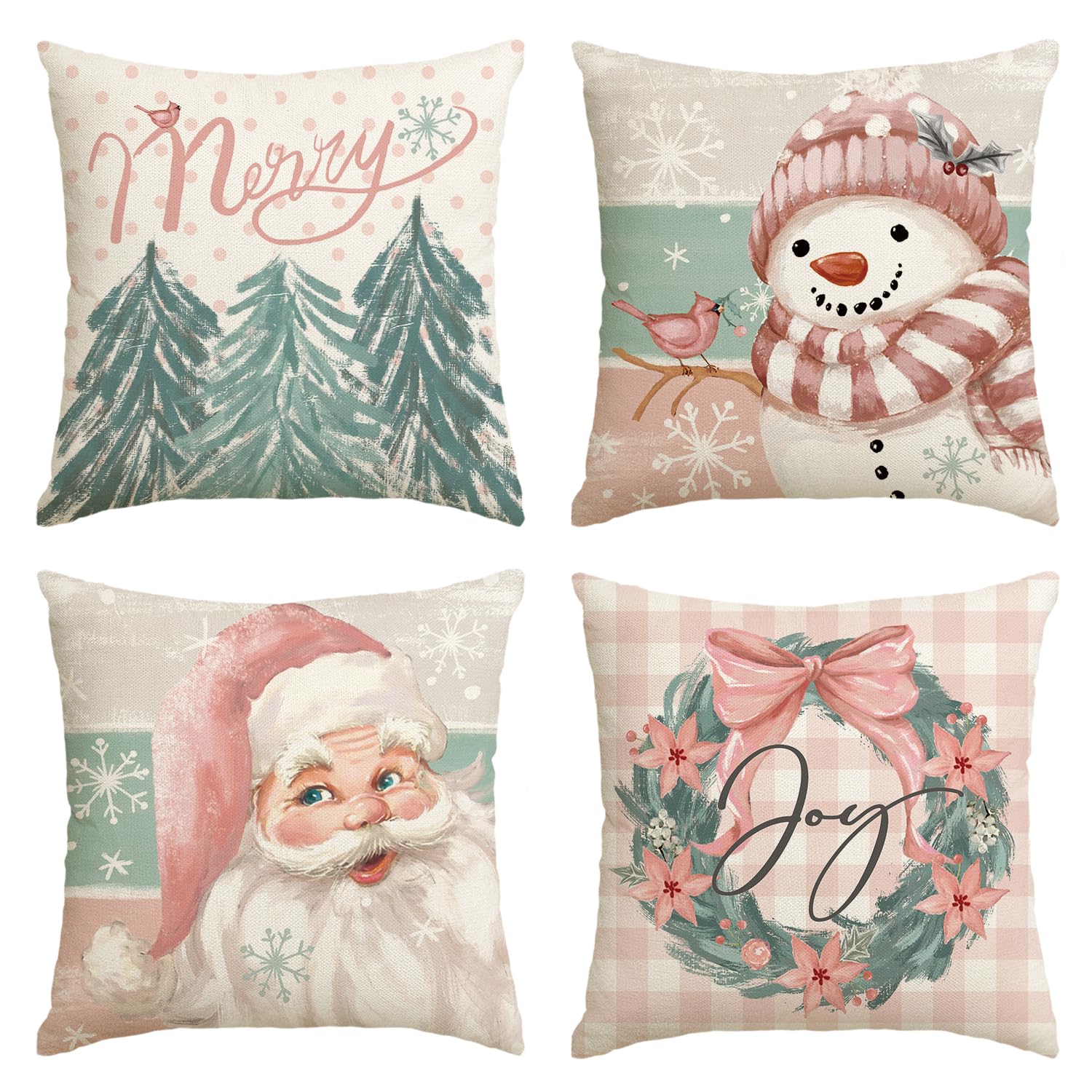 AVOIN colorlife Merry Christmas Santa Tree Reindeer Believe Throw Pillow Covers, 18 x 18 Inch Green Christmas Holiday Cushion Case Decoration for Sofa Couch Set of 4