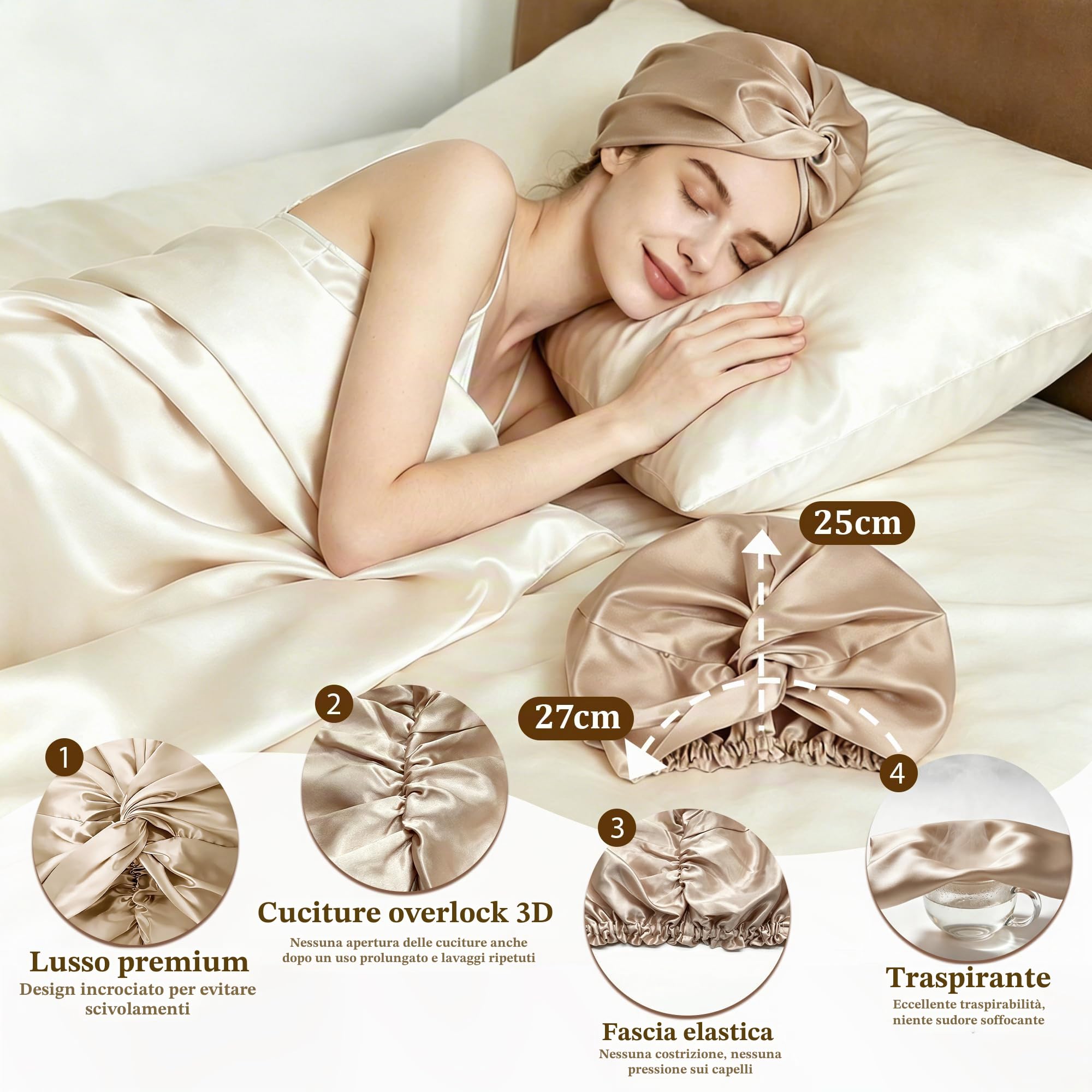 townssilk 100% Seta di gelso, Cappello da Notte da Donna, 16 Momme, in Seta, Ideale per i Capelli, Protegge i Capelli, Cappello da Notte in Seta, Doppio Strato,Coffee