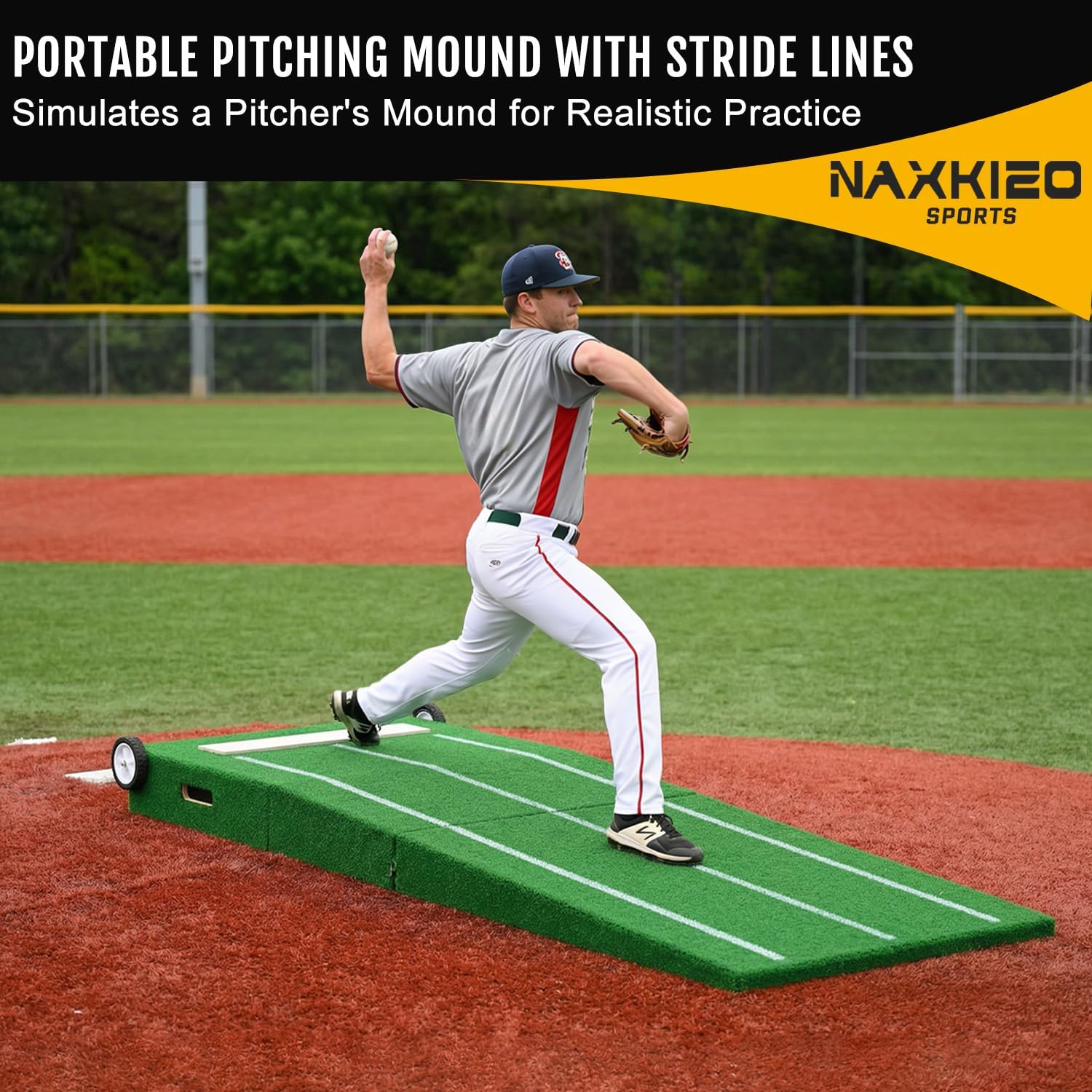 Baseball Pitching Mound with Stride Lines, Portable Pitchers Mound with Pitching Rubber and Anti-Fade Turf - 80 x 28 x 6 Inches