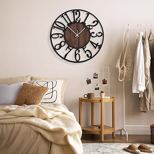 Miniatura 5 de 1st owned Reloj de pared para sala de estar, 16 pulgadas, silencioso, sin tictac, funciona con pilas, metal negro, relojes de madera antigua para