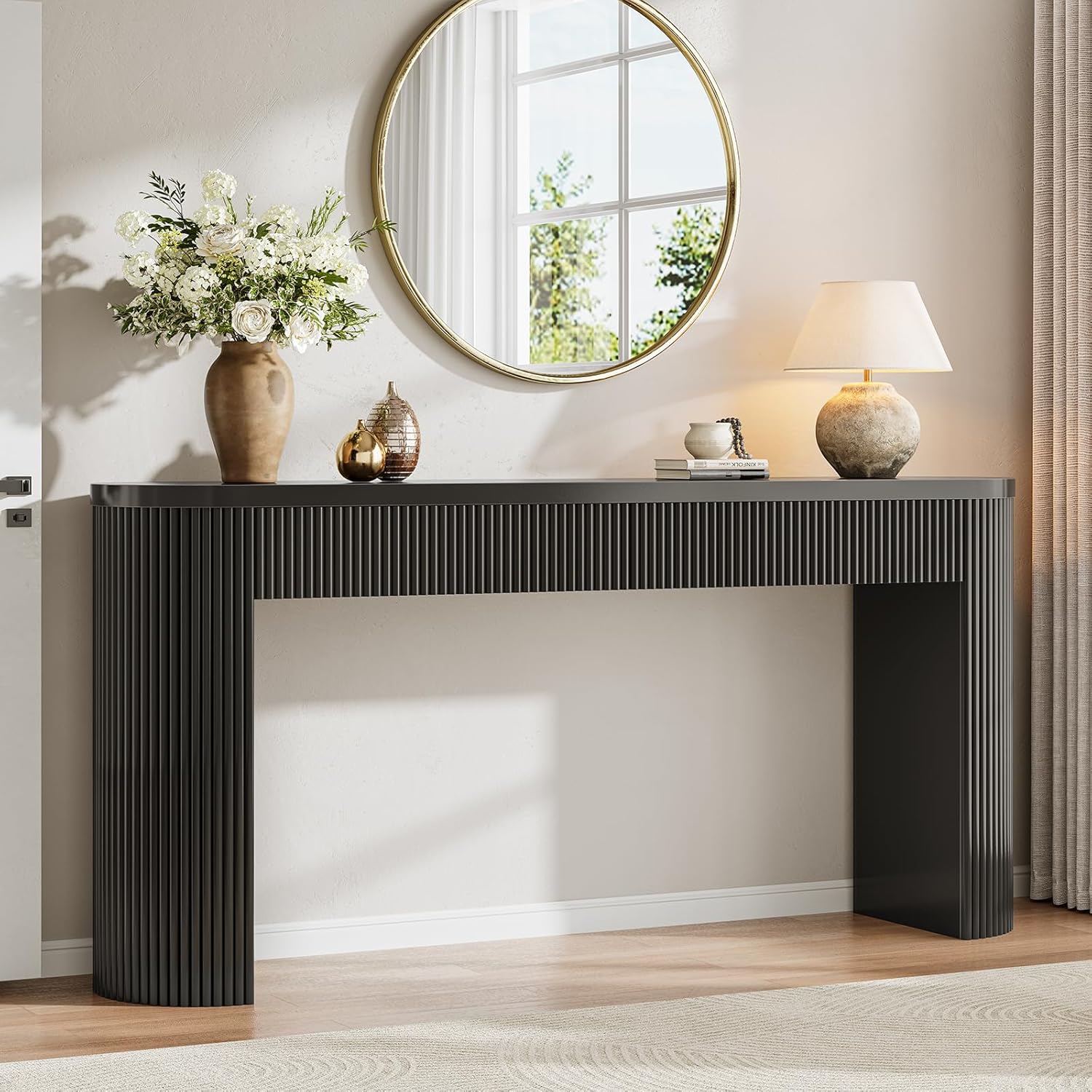 Itaar 63" Fluted Console Table with 2 Drawers, Modern Entryway Table with Storage, Long Sofa Table Behind Couch for Living Room, Hallway, Couch, Foyer，Black