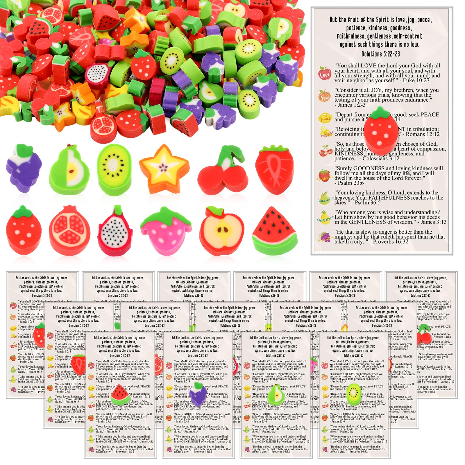 Fuyoooo 100 Set Fruit of the Spirit Christian Gifts Bulk Mini Dancing Fruits Erasers with Cards Religious Bible Verse Church Gift Cute Eraser for End