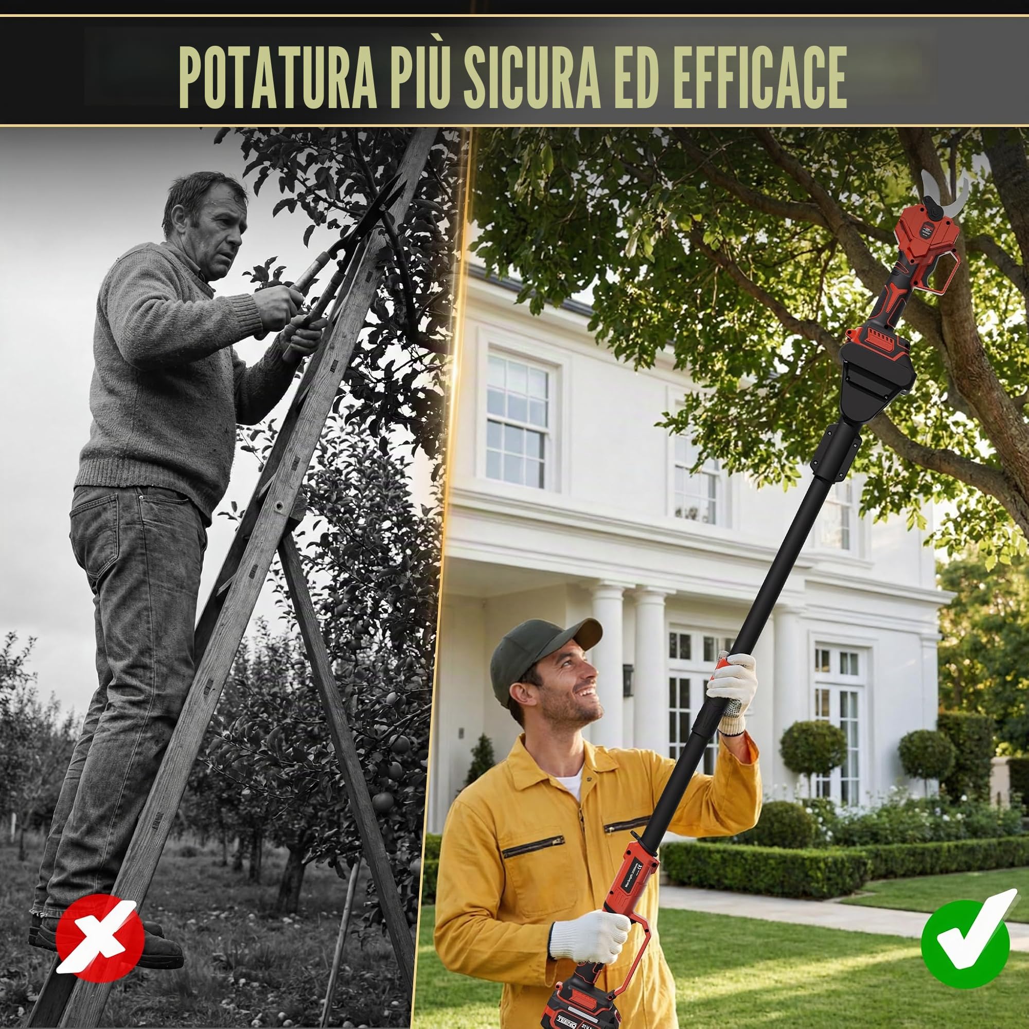 Forbici Potatura a Batteria con Asta 3m, 50 mm Forbice Potatura a Batteria 21V 2 * 4Ah, Cavo prolunga 1,05 m, Portatile Cesoie Potatura per Potatura con Display Per frutteti/giardini/parchi