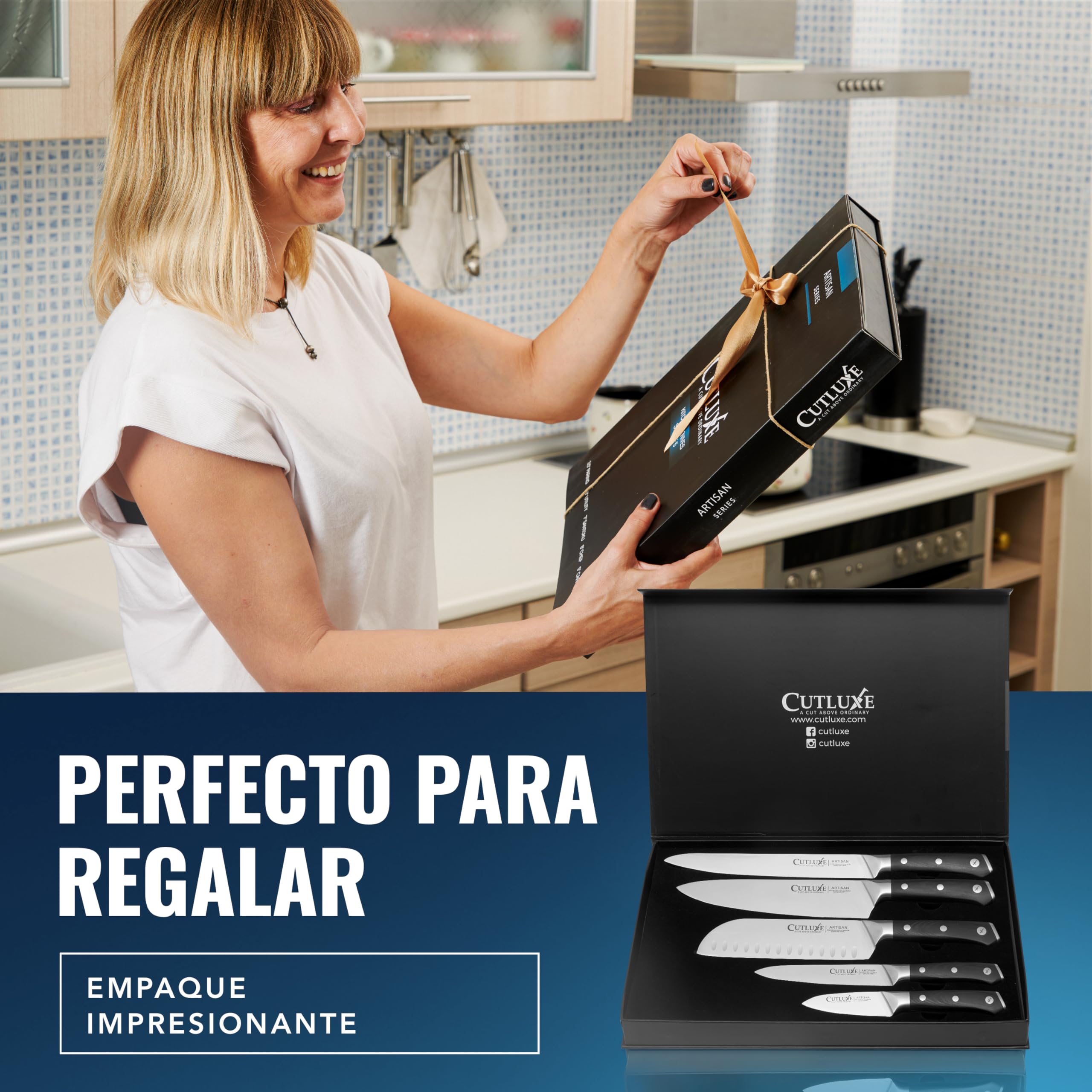 Cutluxe Juego 5 Cuchillos de Cocina – Acero Alemán, Filo de Navaja | Incluye chef, santoku, utilitario, trinchar y pelar; espiga completa y mango ergonómico
