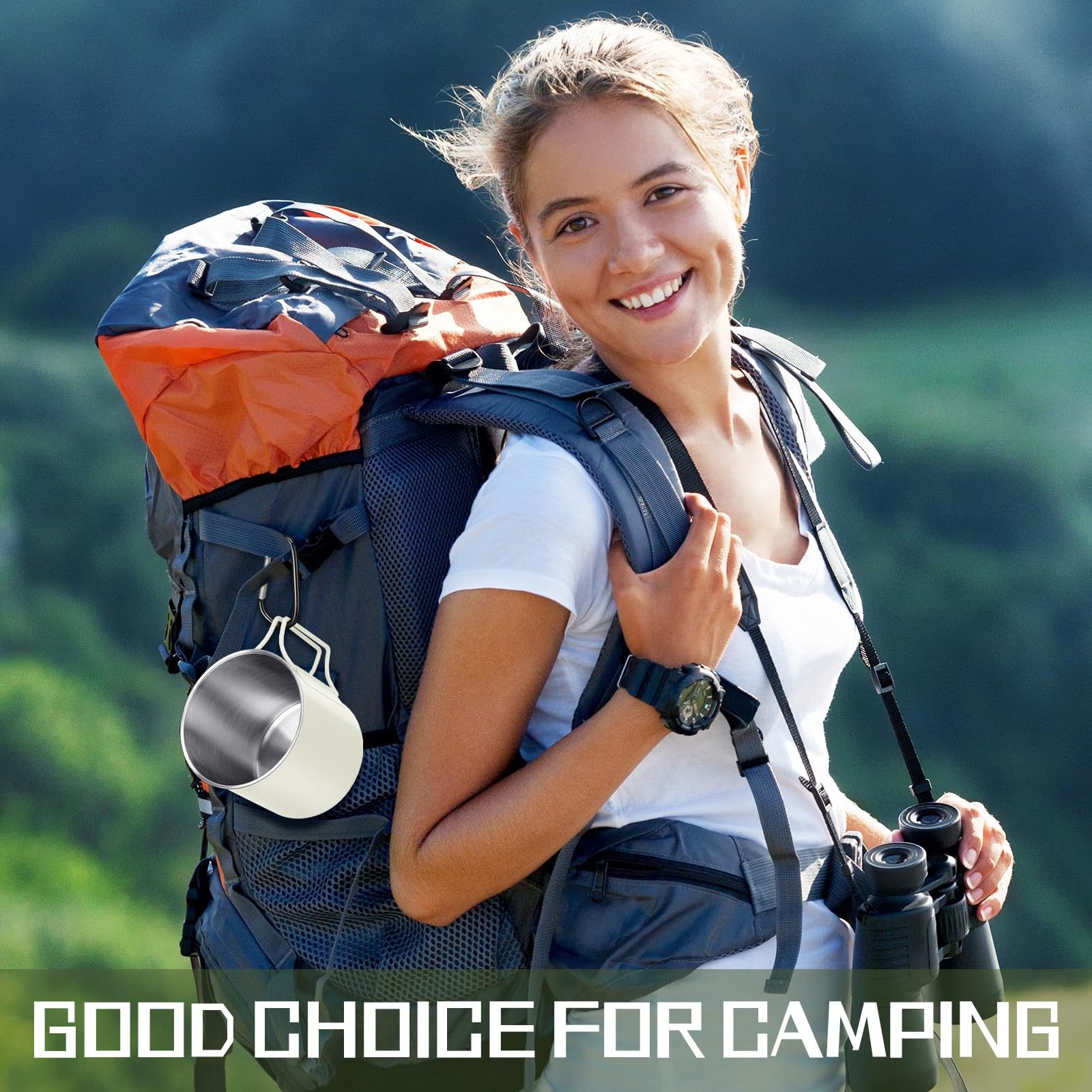 Zhehao 4 tazas de camping de acero inoxidable con asas plegables y pequeños anillos en D portátiles de 12 onzas, tazas de café para camping, mochileros, tazas de viaje para acampar al aire libre,