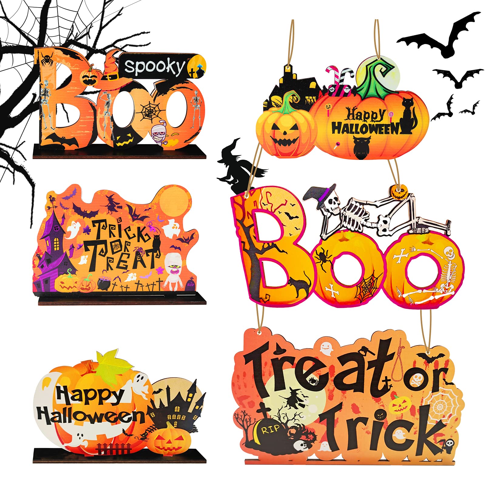 6 Pieces Halloween Decorations, 3 Pieces Halloween Table Decor with 3 Pieces Wood Hanging Sign Pumpkin Centerpieces Boo Decoration for Party Dinner