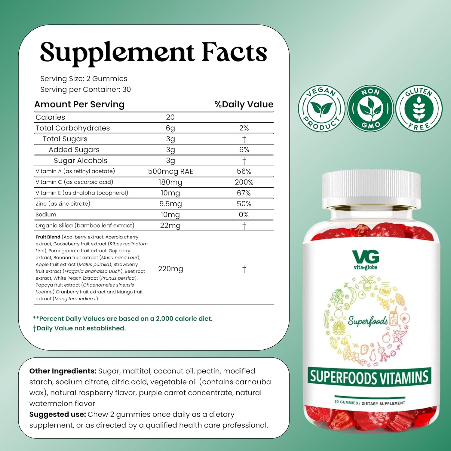 VITA GLOBE Superfood Gummy Vitamins – Immune Health & Antioxidant Support – Daily Wellness Gummies for Adults & Kids – Vegan, Non-GMO, Gluten Free Superfood Supplement – 60 Count - Image 2
