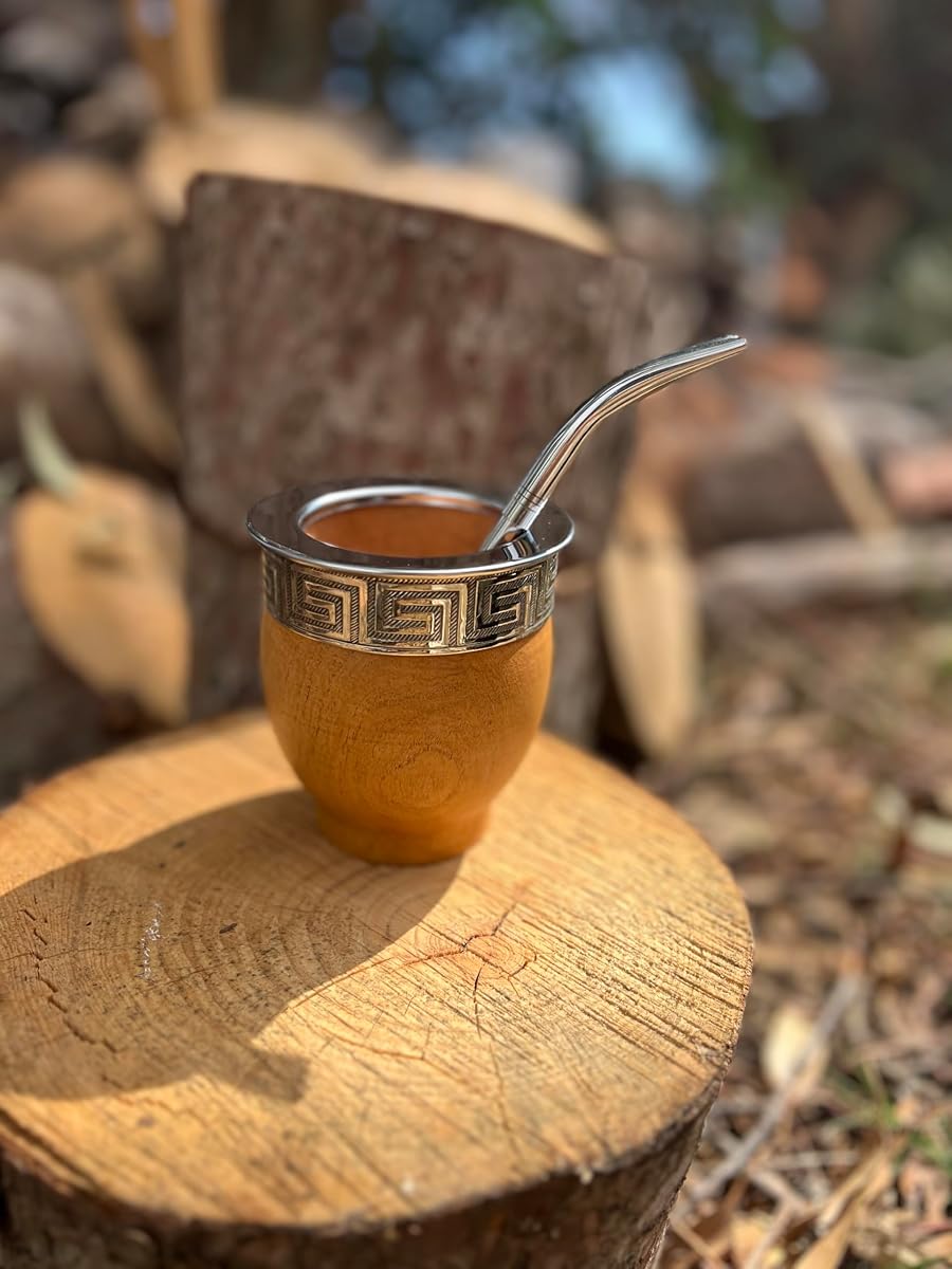 Mate Imperial Argentino Algarrobo, Mate de Madera, Con Taza de Calabaza de Té de Paja Una Bombilla (Paja), Envuelto en Cuero Hecho a Mano, Incluye Taza de Viaje de Embalaje Premium