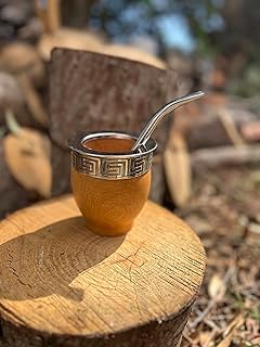 Mate Imperial Argentino Algarrobo, Wood Mate, With Straw Tea Gourd Mug One Bombilla (Straw), Wrapped Handmade Leather, Includes Premium Packaging Travel Cup