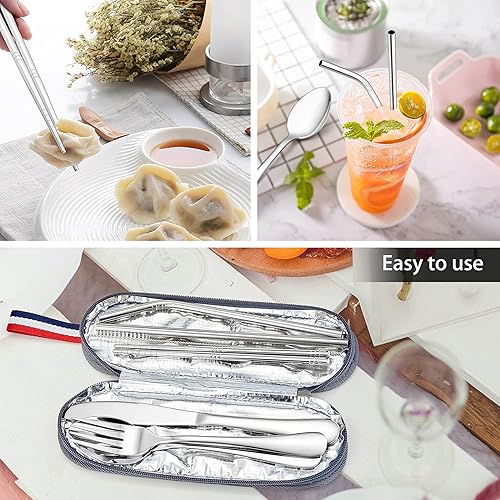 Miniatura 5 de LIANYU Juego de utensilios de viaje portátiles de 8 piezas con estuche gris, cubiertos reutilizables de acero inoxidable con palillos y pajitas