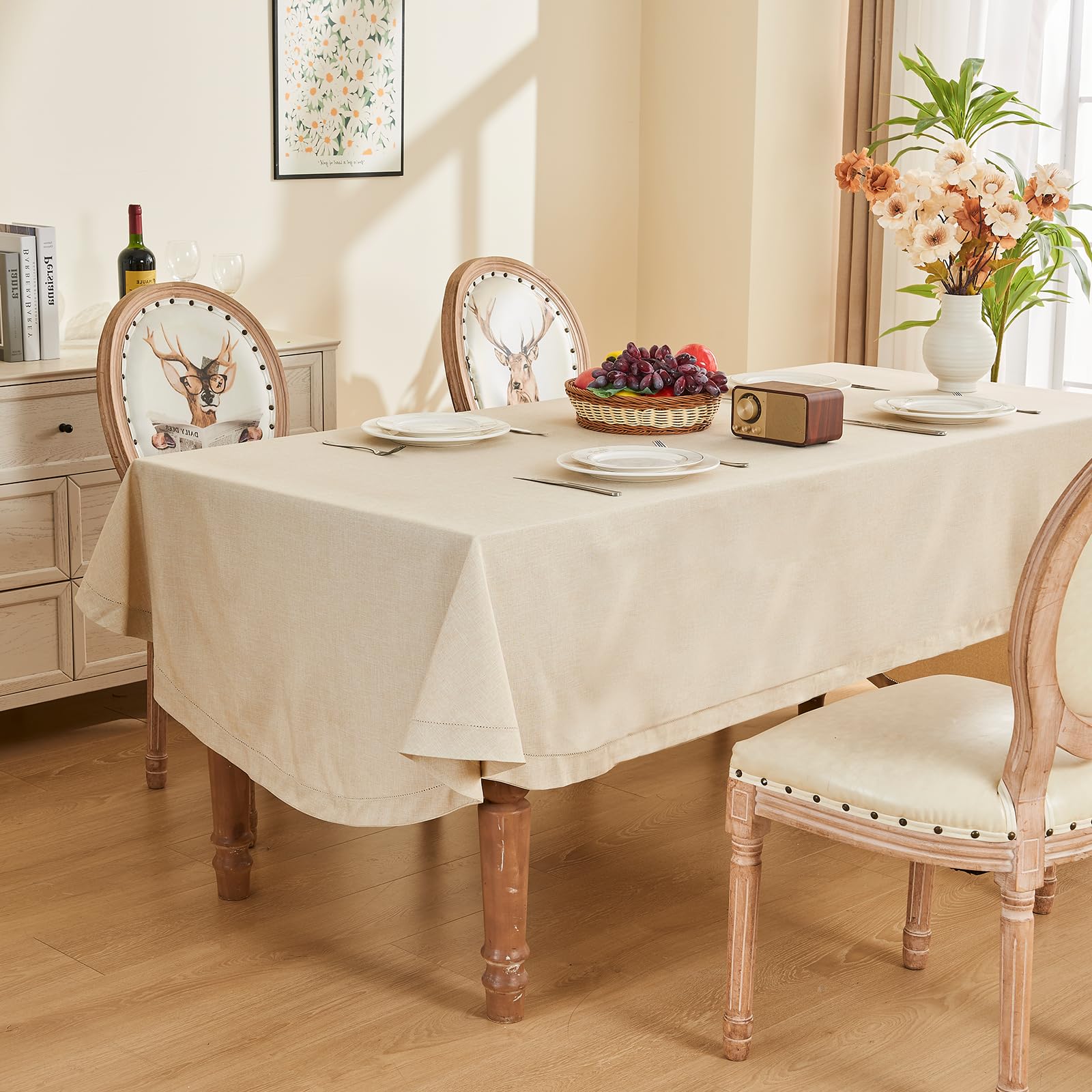 SANLEHAUSE Oval Tablecloth 155 x 400 cm, Beige Tablecloth Linen Tablecover, Texture, Large Table Cloth Hollow Design, Hand Punched, for Kitchen,