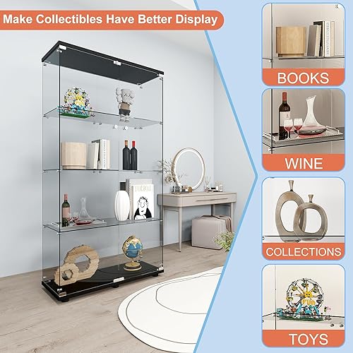 Miniatura 40 de FANYUSHOW Vitrina de cristal templado con 4 estantes con cerradura de seguridad, estante de exhibición de 0.197 in para sala de Blanco,Negro