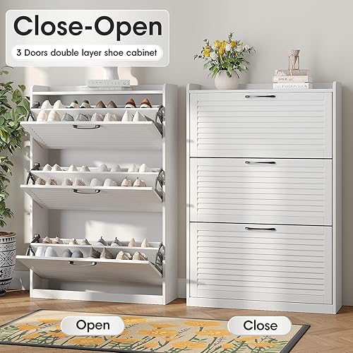 Miniatura 4 de Maupvit Gabinete de Almacenamiento de Zapatos con 3 Puertas Abatibles con Persianas, Organizador Independiente con Bisagras de Metal, Gabinete de