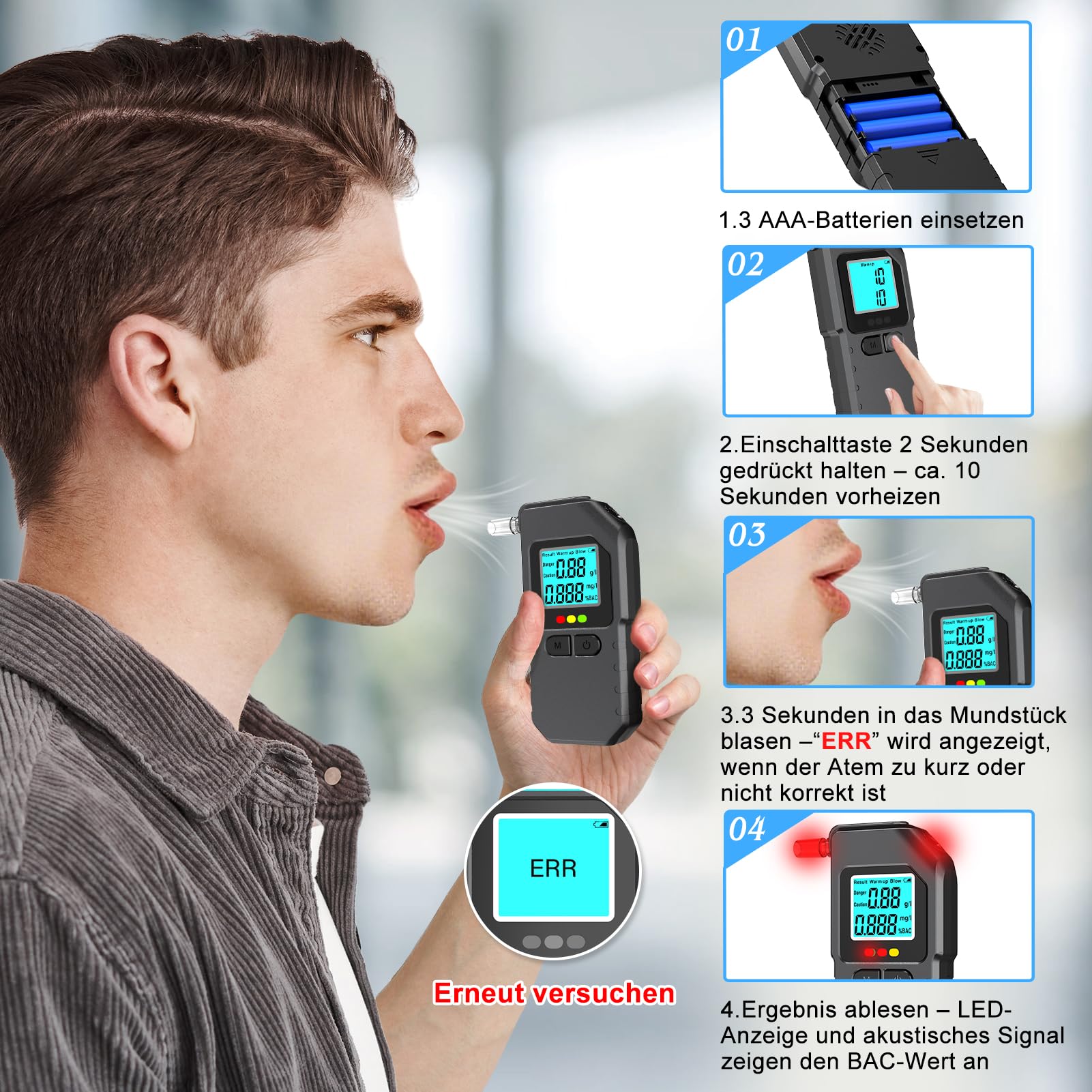 Alkoholtester professionell Dual-Sensor digital mit LCD, tragbar, 20 Mundstücke, Breathalyzer Alcohol tester (Black)