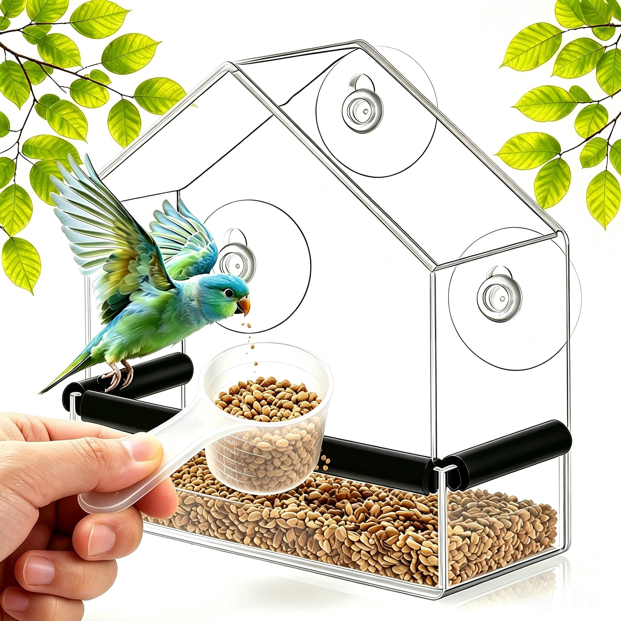 Window Bird Feeder with Suction Cups, Bird House for Outside with Rubber pad and 1 Measuring Spoons 35g/70ml, Clear Acrylic Bird Feeder for Small Wild Birds, Outdoor Bird Feeder,a Bird Watching Gift