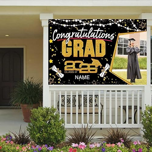 Miniatura 6 de AUBAO Decoraciones personalizadas para fiestas de graduación 2026  Cartel de felicitación de graduación grande  Cartel de fondo de graduación (negro