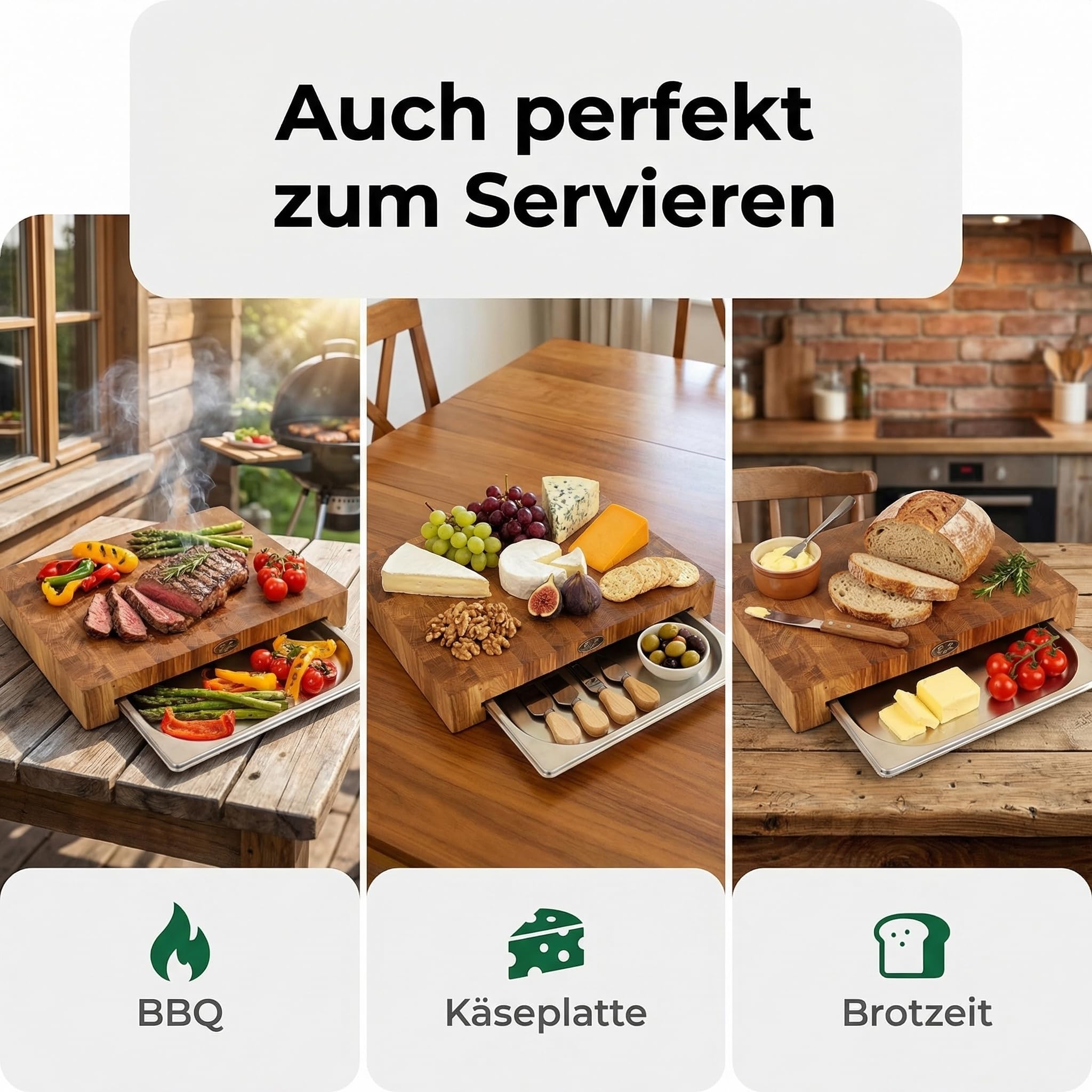 B4K® Stirnholz Schneidebrett Eiche 40×30×6 cm mit Auffangschale | Massiver Hirnholz Hackblock, Mit Auffangschale & Silikonfüßen, Antibakterielles Holz, Für Fleisch, Brot, Gemüse