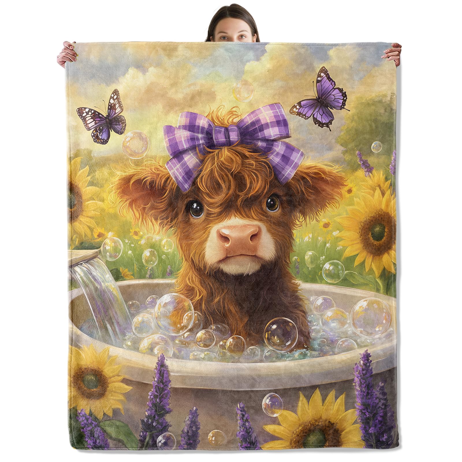 Cute Highland Cow with Bow Blanket Cozy Flannel Calf Bubble Bath Throw Blanket for Couch Outdoor Plush Soft