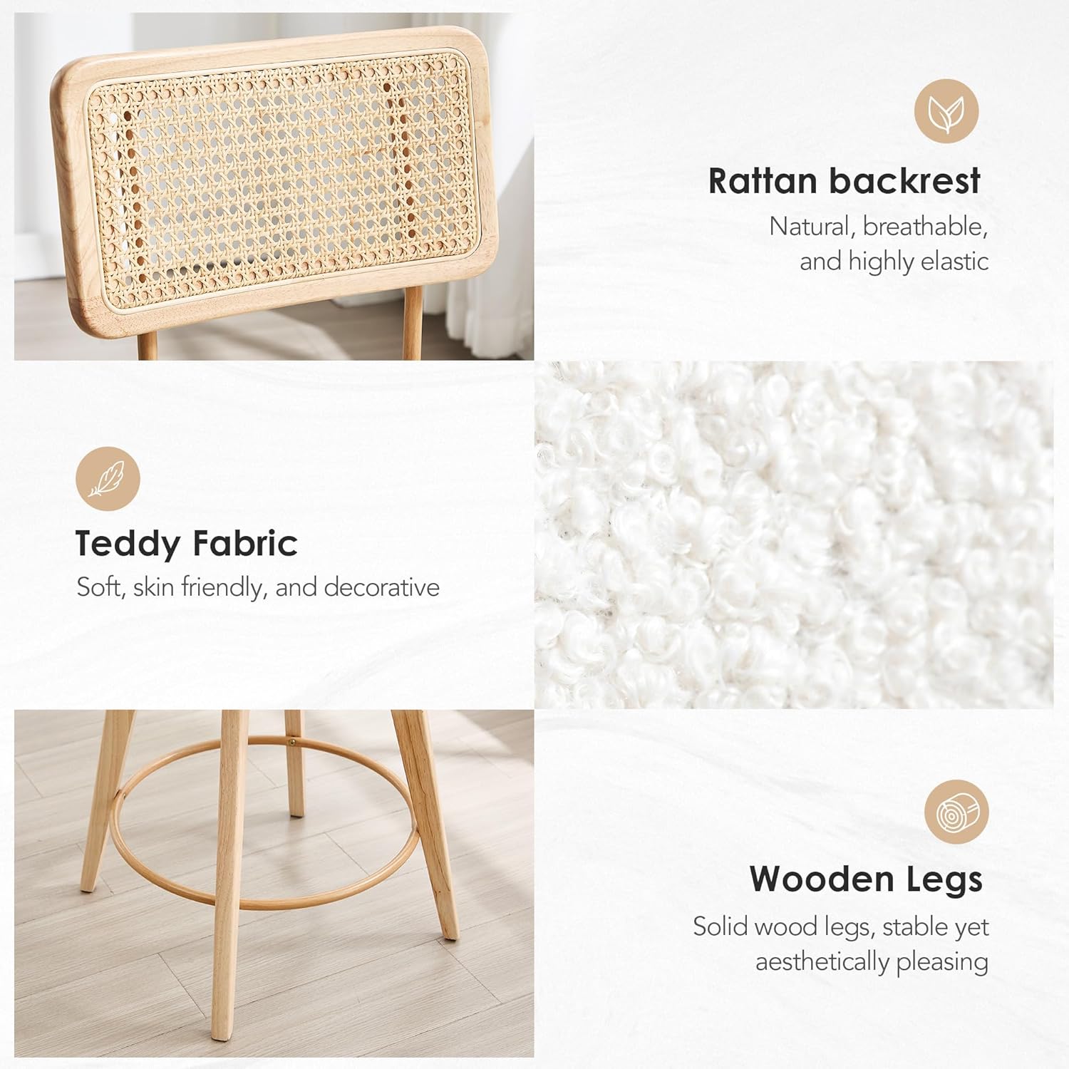 Rattan Bar Stools Counter Height Set of 2, Swivel Counter Stools for Kitchen Island, White Boucle Barstools with Woven Wicker Backs and Solid Wooden Legs, Undyed Wood Farmhouse Bar Chairs