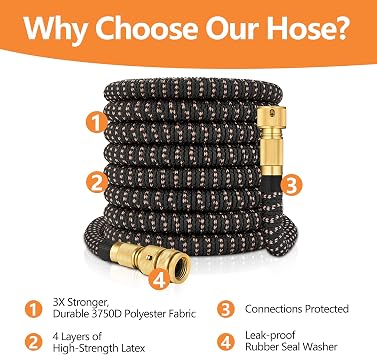 Expandable Garden Hose Pipe 50FT(15m), Flexible Water Hose w/10 Function Spray Gun & 2-in-1 Valve Quick Fittings, Lightweight, Durable, Kink-Free, Heavy Duty Expanding Hosepipes for Garden(BlackGold)