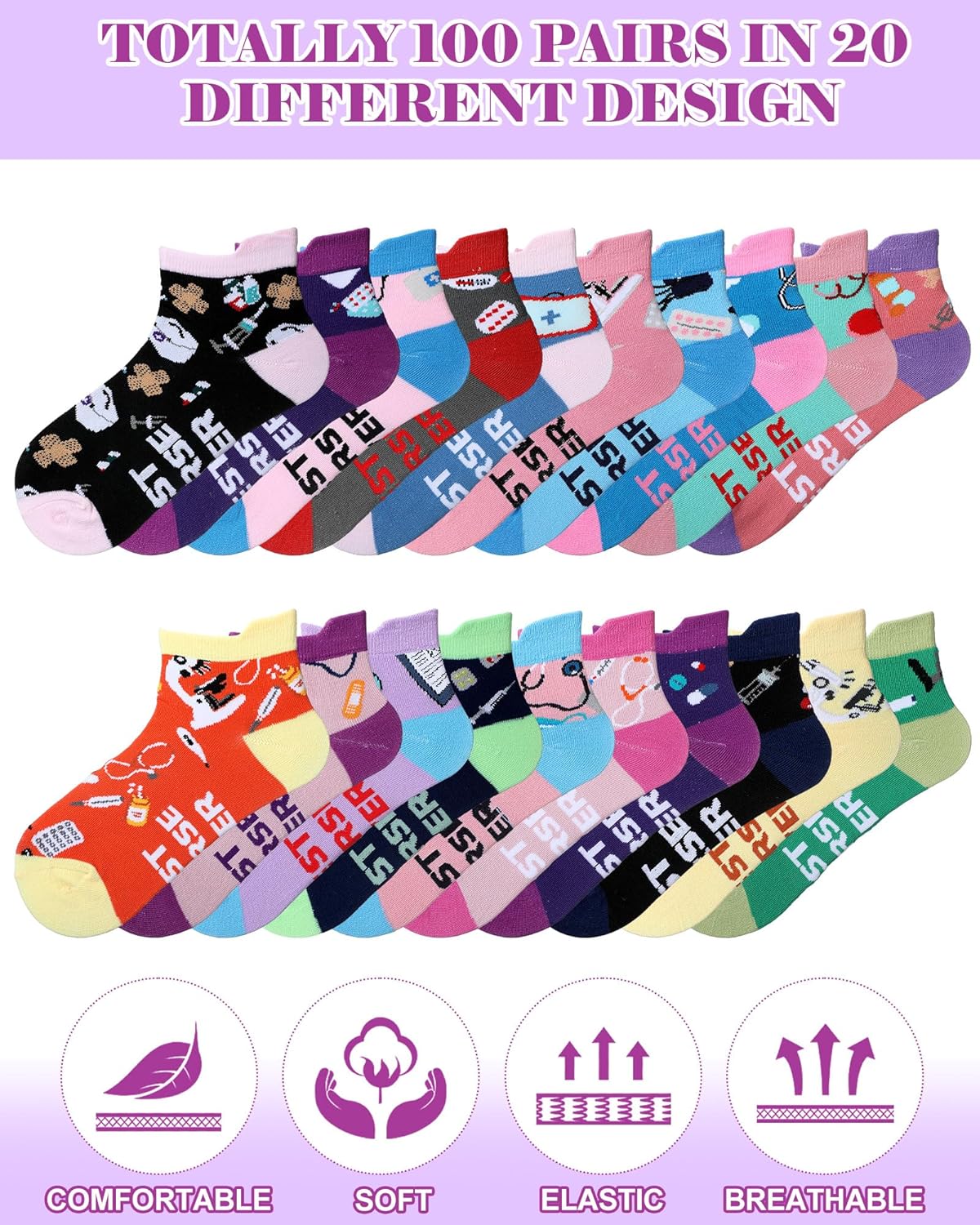 100 Pairs Valentine's Day Novelty Nurse Gift Socks for Women Cotton Ankle Socks Bulk for Nursing Appreciation Gifts Favors