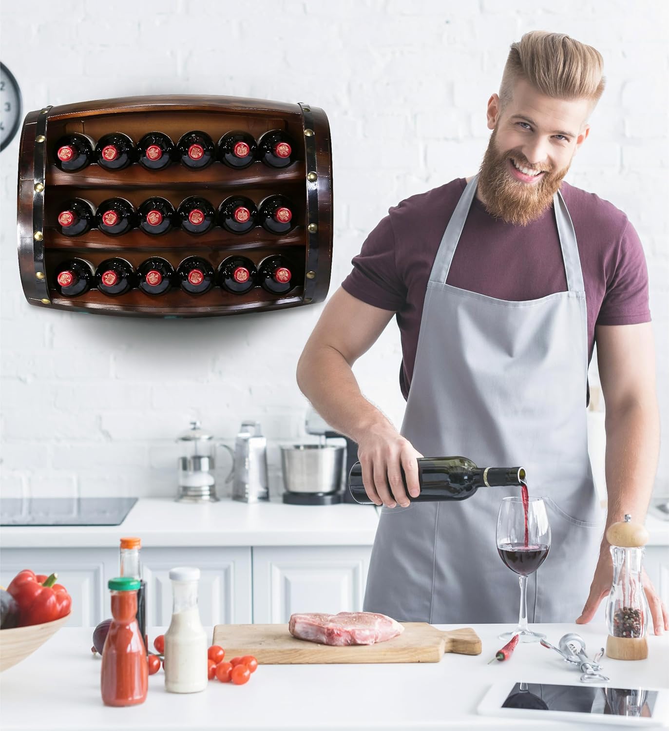 CoTa Global Napoleon Mounted Wall Wine Rack - 18 Wine Bottles Wooden Barrel Wine Rack, Hanging or Freestanding Floor Wine Holder, Liquor Bar Shelves, Rustic Wine Storage Shelf Organizer Home Decor