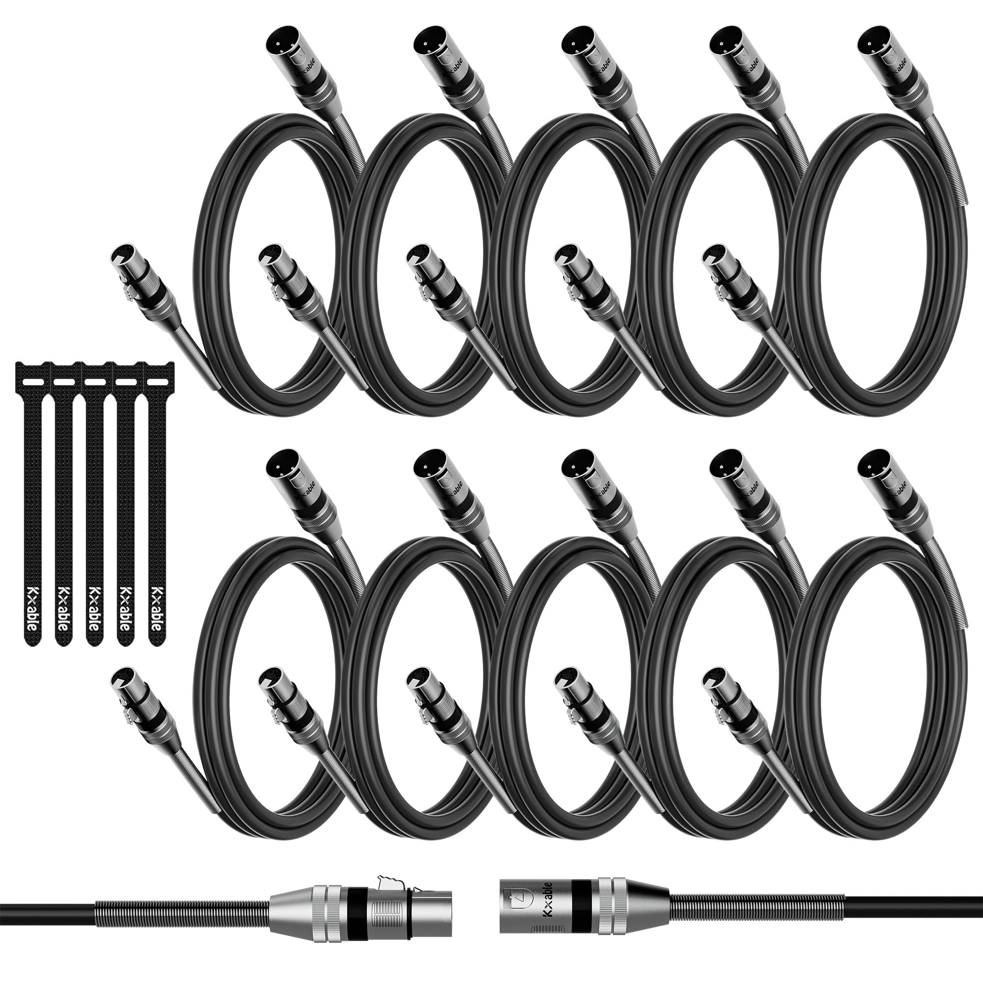 - 10-Pack DMX Stage Lighting Cable 10FT, 3 Pin XLR Male to Female Cable, Compatible with XLR Microphone Audio Connection, for DJ Moving Head Par Light Mic Mixer, Podcast, 22AWG OFC, 110 Ohms Impedance