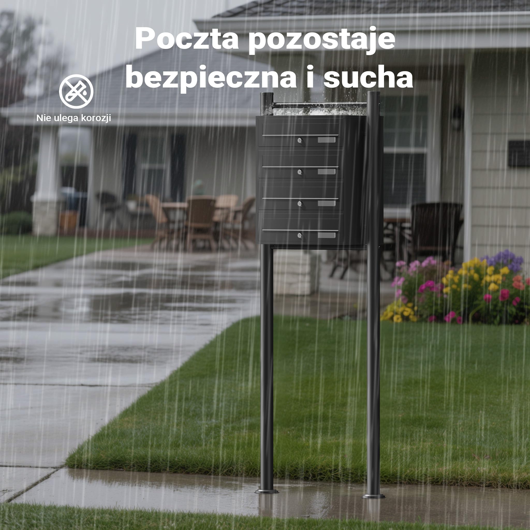 Wiltec Wolnostojąca poczwórna skrzynka na listy czarna, stalowa z 4 skrzynkami pocztowymi zamykana na klucz, stojąca do montażu podłogowego