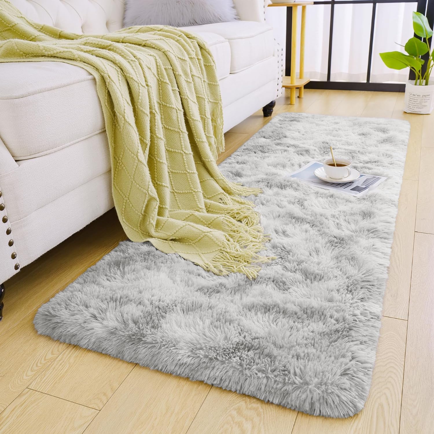 Oxford Homeware Rugs Living Room, Tie-Dye Light Grey Area Rugs for Bedroom Hallway Runner 60x220 cm Anti Slip