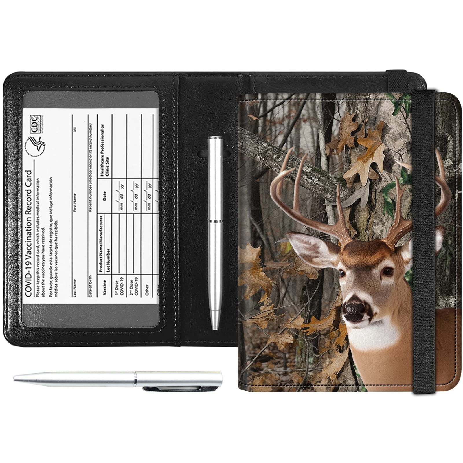 PU Leather RFID Blocking Passport Holder Combo, Women's Travel Passport Wallet Case with Elastic Band, Pen, Forest Deer Pattern