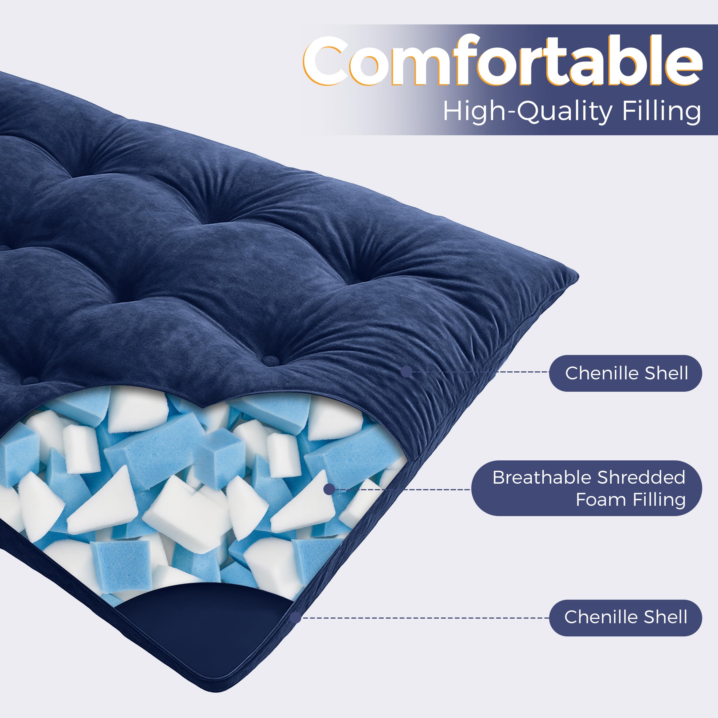 MAXYOYO Matelas Futon 2 Places Épais 15CM Garnissage en Mousse Déchiquetée, Tissu Chenille avec Boutonné Design, Enroulable Matelas de Sol/Futon Pliable Pratique (Cadre Non Inclus)