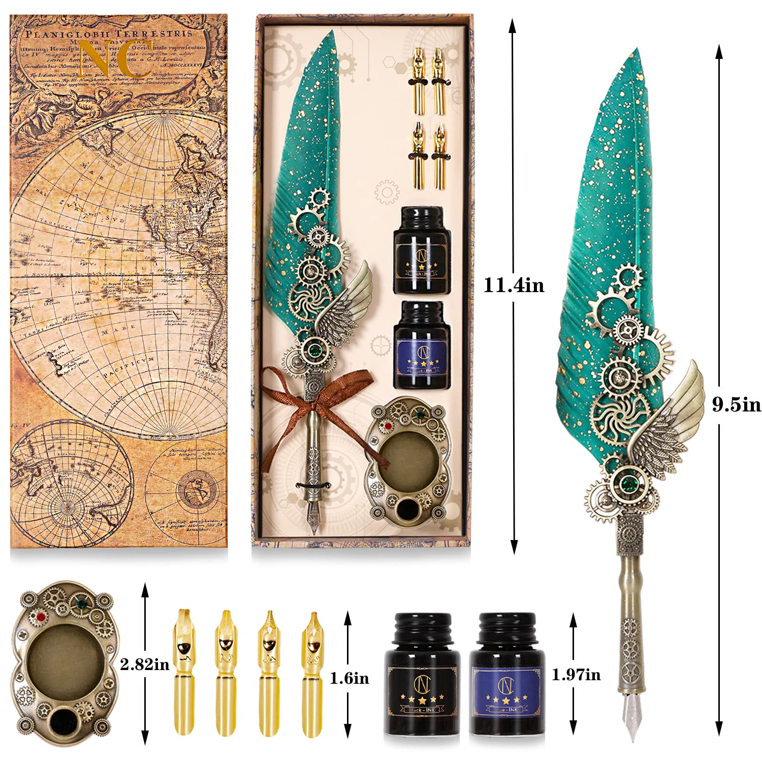 NC Quill Pen And Ink Set - 2 Ink Bottles, 4 Nibs, Mechanical Feather Pen & Holder For Calligraphy