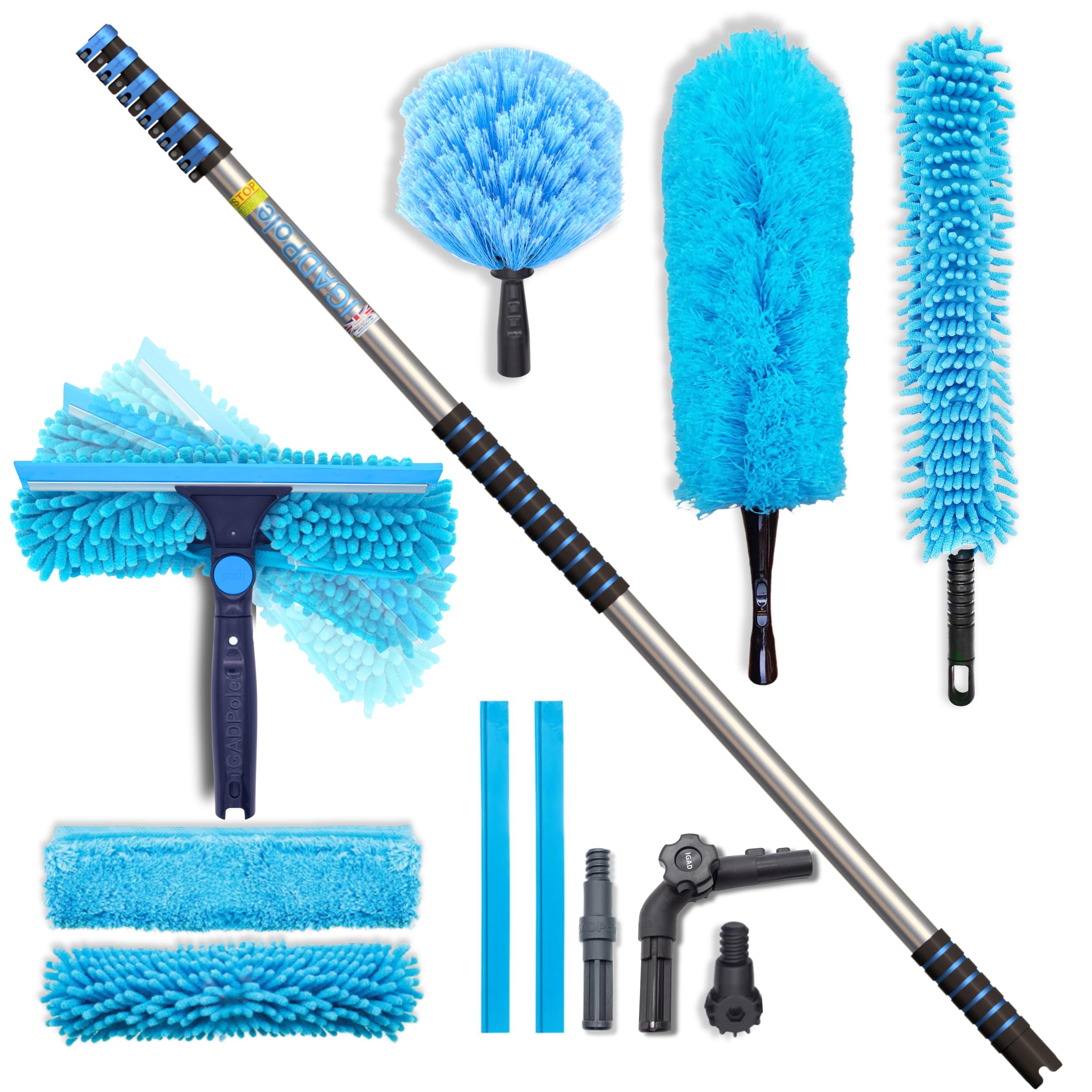 Igad Blue 24Ft All-In-One Window Washing & Dusting Kit By – Pivot Squeegee With 2 Washable Cloths, Cobweb Duster, Microfiber Feather Duster & Ceiling Fan Duster