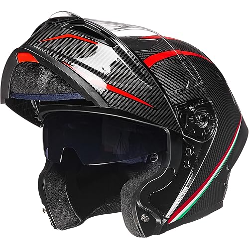 ILM Motorcycle Helmets Modular Full Face Moped Helmet Flip up Dual Visor for Adult DOT WS202 (Carbon, Large)