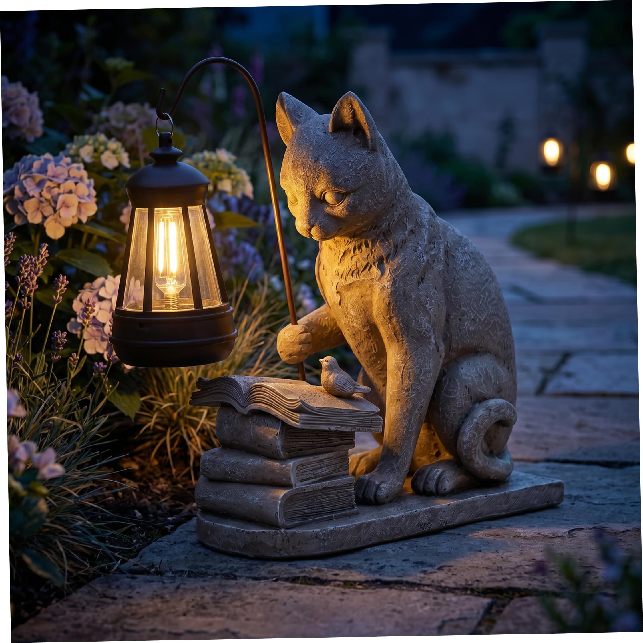 Statua da giardino di gatto solare in resina grigia con lanterna, statuetta di gatto ad energia solare per la decorazione del prato del patio esterno, giardino luminoso notturno, ornamento carin