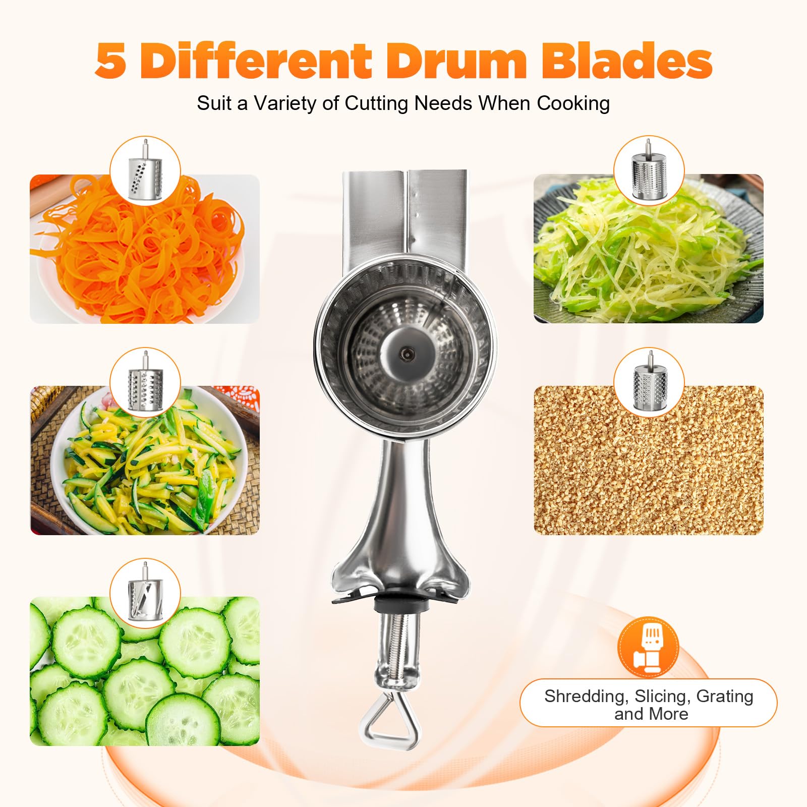 Affettaverdure manuale, in acciaio inox, grattugia per patate, grattugia a tamburo, affettatrice per verdure con 5 lame per cetrioli, formaggio, noci