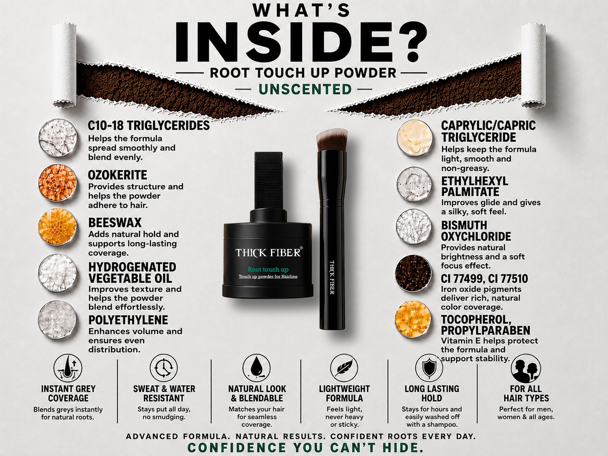 THICK FIBER Root Touch Up & Hairline Poudre avec pinceau 4 g – Couvre les racines grises et les cheveux clairsemés – Résistant à la transpiration et à l'eau – Correcteur de cheveux pour taches chauves