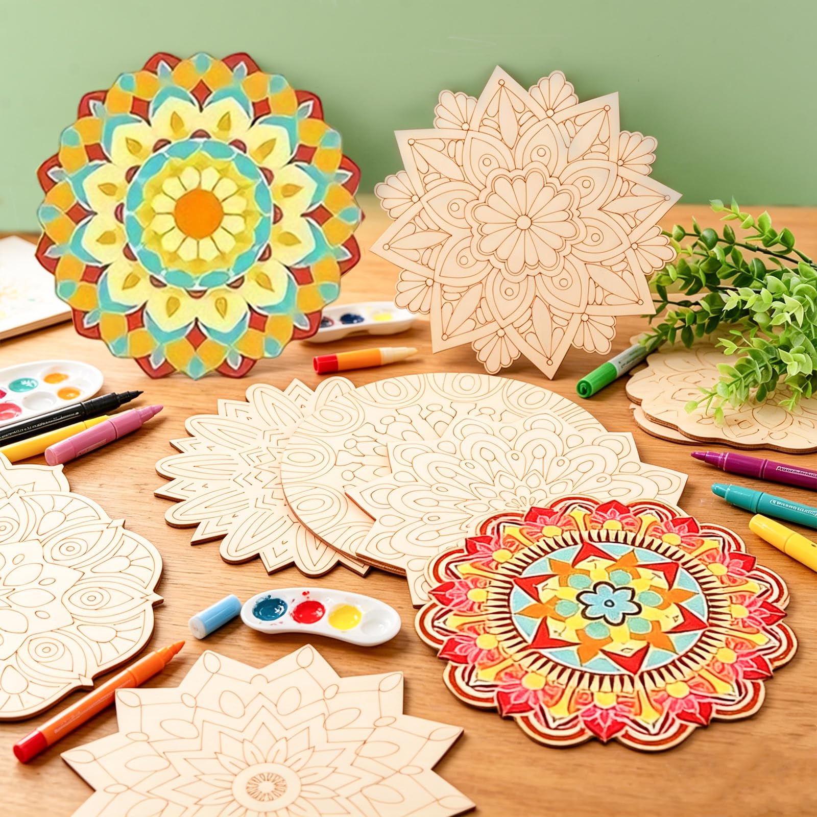 Ensemble de peinture mandala en bois, 10 pièces, bordure décorative en bois brut à peindre, mandala, ornement pour adultes pour se détendre, peinture, bricolage, décorations d'intérieur