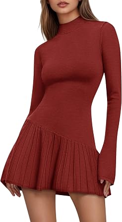 COCCKO Womens Sweater Dress Mock Neck Pleated Bell Sleeve Knit Mini Dress