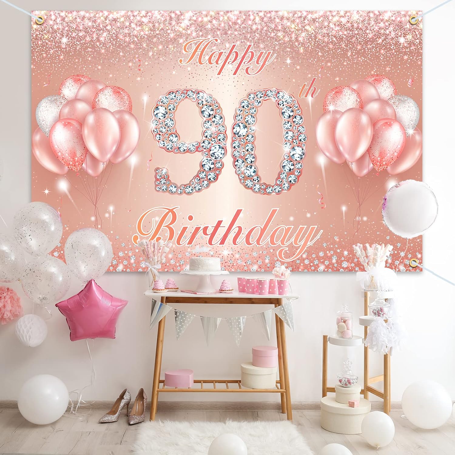Happy 90th Birthday Banner Backdrop - 90 Birthday Party Decorations Supplies for Women or Men - Rose Gold 4 x 6ft - Image 4
